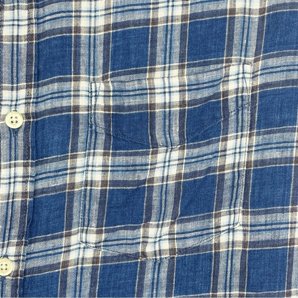 Banana Republic Blue Plaid 100% Linen Camden Standard Fit Shirt Large
